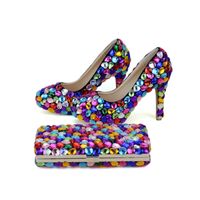 Wholesale Mix Color Blue Green Yellow Purple Wedding Party Shoes with Clutch Inches High Heel Graduation Prom Pumps Matching Bag