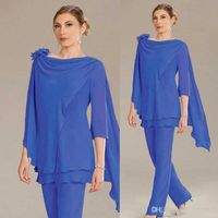 Wholesale Mother Of The Bride Dresses for weddings Long Sleeve Mother Dress Chiffon Bateau Neckline Two Pieces Mother of Bride Groom Pant Suits Loose