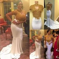 Wholesale Black Girl Gold Lace Prom Dresses Beaded High Neck Capped Short Sleeve Mermaid White Skirt Evening Gowns Plus Size Formal Party Dresses