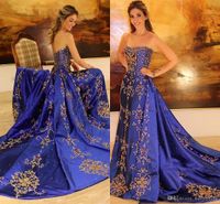 Wholesale Luxury dresses Royal Blue Gold Embroidery Appliqued Elegant Evening Formal Dresses Beaded Strapless Sweep Train Prom Pageant Gowns