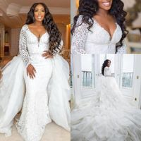 Wholesale plus size mermaid wedding dresses with long sleeve modern detachable train lace pearls african garden beach wedding gowns