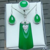 Wholesale Fashion Jewelry Natural Green Sets Jade Medullary Jewelry Pendant Ring Earrings with Silver Women Jewelry