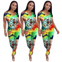 Wholesale Real Photos Chormatic Printing Women Pants Sets Summer V Neck Short Sleeves T Shirt Party Nightclub Home Clothes Two Pieces Outfits