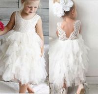 Wholesale Affordable A Line Jewel Tea Length White Tiered Tulle Flower Girls Dresses Lace Top Backless Communicate Wedding Party Dresses