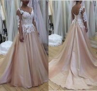 Wholesale 2019 Blush Pink Wedding Dresses For Western Country Garden Sheer Long Sleeve Appliqued Corset Back Summer Boho Bride Wedding Gowns