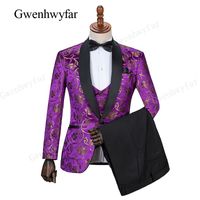 Wholesale Gwenhwyfar Groom Tuxedos black Shawl purple Lapel Best Man Suits Wedding Groomsman Men Wedding Suits formal party suits