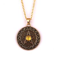 Wholesale HY152 Viking religious circle charms necklace talisman gold plated vintage pentagram pendant necklace with Red Blue Yellow gemstone jewelry