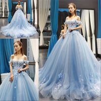 Wholesale Sky Blue Quinceanera Dresses Ball Gown Off Shoulder D Flowers Appliques Sweet Dresses Prom Party Gowns Vestidos