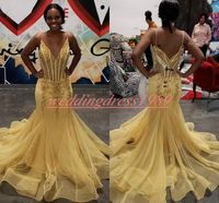 Wholesale Trendy Straps Gold Lace Mermaid Prom Dresses Beads Spaghetti Plus Size Formal Robe De Soiree Evening Gowns Party Special Occasion