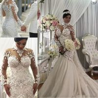 Wholesale Azzaria Haute Couture Nigeria Mermaid Long Sleeve Wedding Dresses Modest Sheer High Neck Lace Plus Size Arabic Wedding Gowns Beading