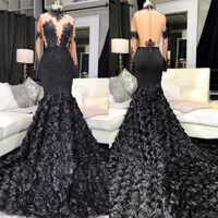 Wholesale Sexy Black Mermaid Long Prom Dresses See Through Top Appliques D Flowers Long Sleeve African Girl Prom Dresses