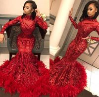 Wholesale 2020 Gorgeous Red Mermaid Prom Dresses High Neck Long Sleeves Sequined Lace Appliques Feather Bottom Evening Party Gown BC1327