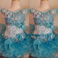 Wholesale Cupcake Kids Pageant Dresses for Little Girls Baby Beaded Organza Cute Kids Short Prom Gowns Infant Light Blue Crystal Birthday Party Skirt