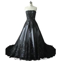 Wholesale New Black Strapless Lace Applique Floor Length wedding Dress A Line Party Dress With Petticoat Wedding Formal Occasion