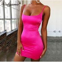 Wholesale Colysmo Stretch Satin Mini Dress Women Sexy Straps Slim Fit Bodycon Party Dress Neon Green Pink Dual layered Robe Femme