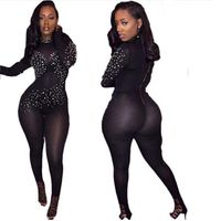 Wholesale Women s Jumpsuits Rompers Women Mesh See Through Bodycon Jumpsuit Sexy Full Sleeve Crystal Sequin One Piece Playsuits Turtleneck Zipper Ba