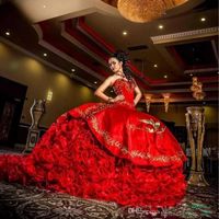 Wholesale Sweetheart Red Embroidery Prom Ball Gown Ruffle Organza Quinceanera Dresses Satin Lace Up Floor Length Sweet Dress Special Occasion Dress