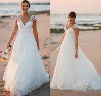 Wholesale 2019 Stunning Country Lace Beach Wedding Dresses V Neck Capped Spring Applique Plus Size Outdoor Bridal Gown For Bride Custom