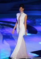 Wholesale White High Neck Miss Universe Pageant Evening Dresses Bling Crystals Celebrity Party Gowns Sleeveless Tulle Mermaid Formal Prom Dresses