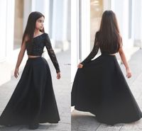 Wholesale Arabic Said Mhamad Black One Shoulder Long Sleeve Girls Pageant Party Dresses A Line Two Piece Beaded Flower Girls Dresses BA1435