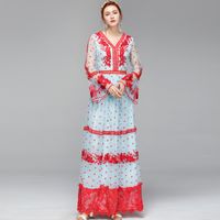 Wholesale Women s Runway Designer Dresses Sexy V Neck Long Flare Sleeves Embroidery Tiered Ruffles Elegant Party Maxi Dresses