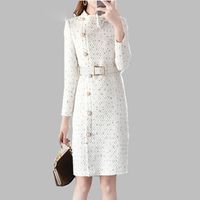 Wholesale Fall Winter Women Plus Size Long Sleeve Tweed Dress Female Slim With Belt Midi Dress Elegant Bowknot Office
