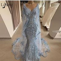 Wholesale 2020 Silver Full Lace Mermaid Wedding Dresses With Shawl Luxury African Plus Size V Neck See Through Bridal Gown Custom Made
