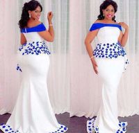 Wholesale Fat Big Size Real Sexy African Women Evening Banquet Dress Blue off Shoulder Appliques Mermaid Long White satin Formal Evening Dress