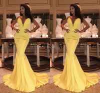 Wholesale Vestidos Arabric Yellow Mermaid Evening Dresses Deep V Neck Sweep Train Solid Special Occasion Dresses Plus Size Formal Party Prom Gowns