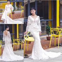 Wholesale Elegant V Neck Mermaid Wedding Dresses Lace Appliques D Flowers Sweep Train Bridal Gowns Custom Made In China