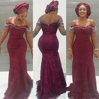 Wholesale Amazing African lace Prom Dresses Formal Gowns Mermaid Off the shoulder With Sleeves Pearls Beaded Long Cheap Black Girls Dresses