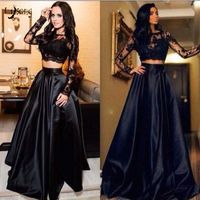 Wholesale Fashion Black Two Pieces Prom Gown Dresses Suit Lace Long Sleeves Crop Top High Quality Corset Graduation Lady Girl Prom Party Event Wear