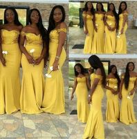 Wholesale African Charming Yellow Sequined Bridesmaid Dresses Cap Sleeves Mermaid Satin Floor Length Modest Formal Prom Bridesmaids Gowns plus size