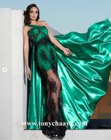 Wholesale Tony Chaaya Evening Formal Dresses with Overskirt Train Emerald Green One Shoulder Lace Stain Prom Party Women Gowns