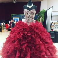Wholesale Dark Red Purple Organza Quinceanera Dresses Luxury Beaded Crystals Beaded Tiered Skirts Sweetheart Neckline Sweet Formal Prom Ball Gown