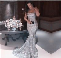 Wholesale Sexy Strapless Silver Mermaid Prom Dresses New Arrival Sparkly Sequined Long Formal Evening Gowns Cheap Vintage Party Wear