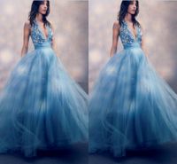 Wholesale Sexy Deep V Neck Tulle A Line Long Prom Dresses Custom Made Beaded Sleevless Celebrity Special Occasion Party Evening Gowns