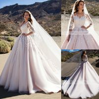 Wholesale 2020 Romantic Scoop Neck Half Sleeve Ball Gown Wedding Dresses Sheer Appliques Flowers Princess Bride Gown Plus Size