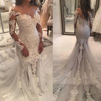 Wholesale Sexy Shiny Beaded Mermaid Wedding Dresses with Long Sleeves Sheer Neckline Fit and Flare Unique Lace and Tulle Luxury Bridal Gowns