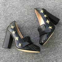Wholesale Designer Marmont pumps women leather high heels Embroidered bee and star fringe mid heel Tassel shoe cm and cm Big Size