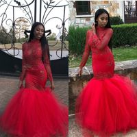Wholesale Coral African Mermaid Black Girls Prom Dresses Red Long Sleeves Beads Applique High Neck Tight Fishtail Dresses Evening Wear Cheap Gown