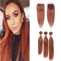 Wholesale Reddish Brown Human Hair Bundles and Closure Dark Auburn Brazilian Virgin Hair Weaves Straight with Copper Red Lace Closure x4 quot