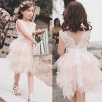 Wholesale Latest Cute Short Flower Girls Dresses V Neck Tiered Tull Mini Girl Formal Party Birthday Pageant Gowns Princess Wedding Tutu Dresses