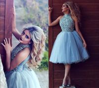Wholesale 2019 Luxury Beaded High Collar Homecoming Dresses Sleeveless Light Sky Blue Tulle Graduation Party Formal Gowns