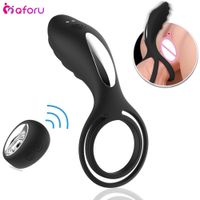 Wholesale Remote Control Penis Delay Ejaculation Cock Vibrating Ring Dual Penetration G Spot Stimulator Dildo Vibrator Sex Toys For Men J190626