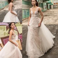Wholesale Liz Martinez Beach Wedding Dresses Vintage Lace Tulle Sexy V neck Backless Flowing Flare Train Garden Country Bridal Wedding Gowns