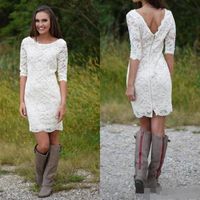 Wholesale Bohemian Short Wedding Dresses with Sleeves Retro Jewel Backless Full lace Knee length Western Cowgirl Country Wedding Gown
