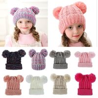 Wholesale Kid Knit Crochet Beanies Hat Girls Soft Double Balls Winter Warm Hat Colors Outdoor Baby Pompom Ski Caps
