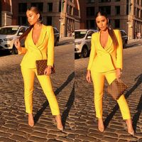 Wholesale Yellow Women Ladies V Neck Pieces Business Pants Suits Custom Made Mother s Dress Formal Evening Wear Tuxedos Jacket Pants