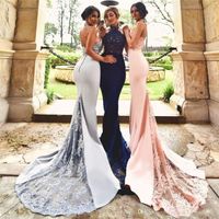 Wholesale 2019 Modest Mermaid Halter Appliques Beads Backless Trumpet Navy Blue Blush Silver Bridesmaid Dress New Wedding Party Dresses
